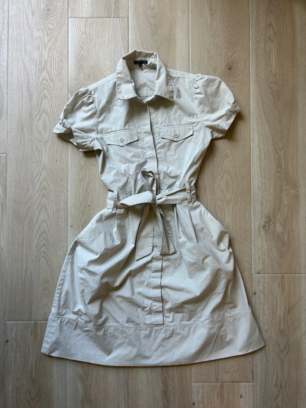 Theory Khaki Collared Button-Front Cotton Dress with pockets and belt
